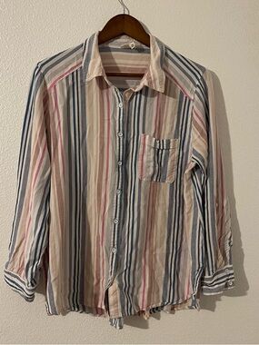 Perch by Blu Pepper Women’s Striped Button-Down Shirt in Blue, Pink & Beige 2XL